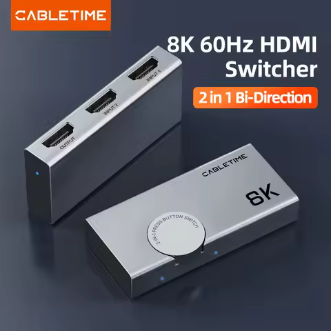 CABLETIME HDMI Splitter 8K 60Hz 4K 120Hz 2 in 1 Switcher 3D Vision Aluminum Knob Design Adapter for 