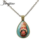 JWEIJIAO Classic Matryoshka Dolls Tear Drop Necklace Glass Cabochon Japan Russian Nesting Doll Water Drop Pendant Charm JN17