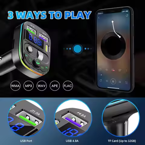 Car Bluetooth Fm Transmitter Pd20wfast Charger Hands-free Calling Rgb Atmosphere Light Tf Card Music
