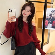 Cuties D607 Long-Sleeved Knitted Crop Top Korean One-Shoulder Sweater There Is A Jumpsuit That Makes