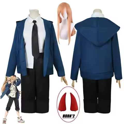 Anime Chainsaw Man Power Cosplay Costume Uniform Blue Jacket Pants Horn Wig Halloween Costumes for W