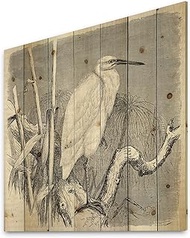 DesignQ Little Egret Bird - Farmhouse Print on Natural Pine Wood