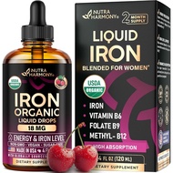 Liquid Iron Supplement for Women 18 mg - USDA Organic Drops, USA-Made - with Folate, Vitamin B12 & B