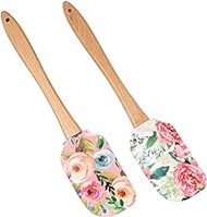Veemoon 2 Pcs Silicone Spatula with Wooden Handle Heat Resistant Silicone Scraper Flower Pattern Mixing Batter Scraper Cream Butter Spatula for Kitchen Baking and Cooking