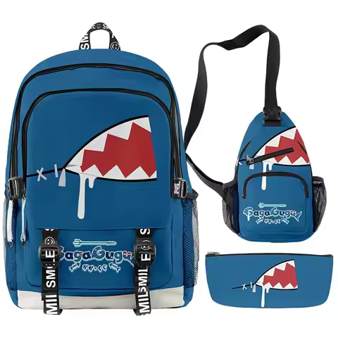 2022 Hololive VTuber Gawr Gura 3D Backpack Three-Piece Men and Women Casual Backpack Chest Bag Penci