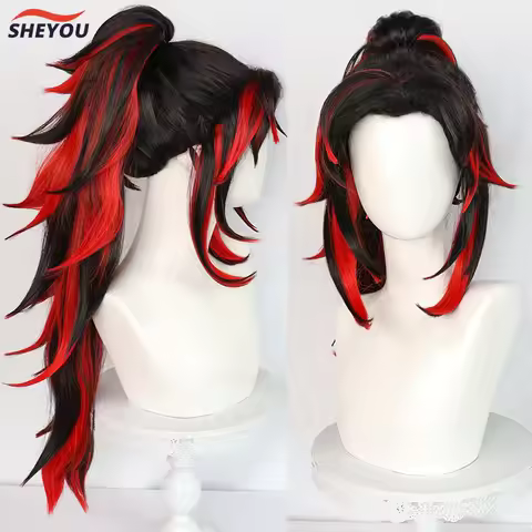 Tsugikuni Yoriichi Cosplay Wig Anime Long Black And Red With Ponytail Heat Resistant Synthetic Hair 
