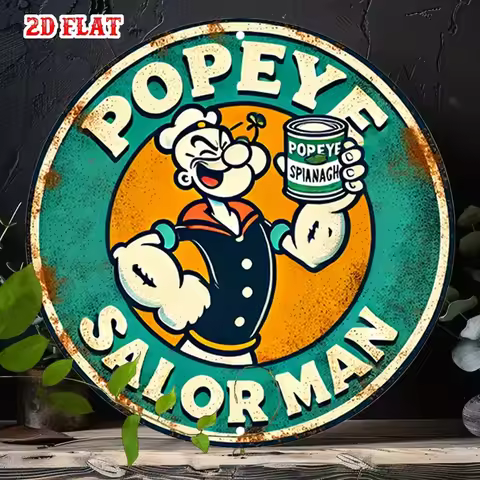 2D Flat 1pc Vintage Superhero Round Aluminum Sign, Popeye Character Metal Tin Sign - Bold Prints Rus