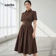 Lovito Women's Casual Brown Dress Button Front Simple Design Spring Summer LK2ED1280