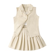 Terno For Kid Girl 3-8 Years old Fashion Formal Pink Sleeveless Sando Coat and Short Pleated Skirt S