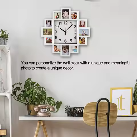 15.35in White Photo Frame Wall Clock Multi Photo Personalized Clock for Home Decor Picture Frame Wal