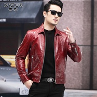 แจ็คเก็ตหนังแท้ทรงสั้นสำหรับผู้ชาย สีแดง มินิมอล สไตล์บiker แจ็คเก็ตหนังแกะสะท้อนแสง แจ็คเก็ตหนังแบบ