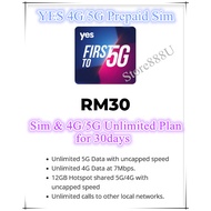 YES 4G/5G Prepaid Sim UNLIMITED Data internet +Call  12GB Hotspot 无限量上网卡+通话