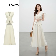 Lovito Elegant Skirt Sets for Women, Plain Pleated Double Layer Top or Bottom with Button Detail L80