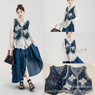 Blue Heavy Craft Embroidered Ethnic Style Denim Vest - Spring Layering