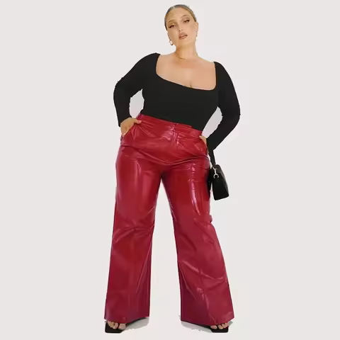 Plus Size Women Shiny Patent Leather Trousers 7XL High Waist Faux Latex Straight Pants 8XL with Pock