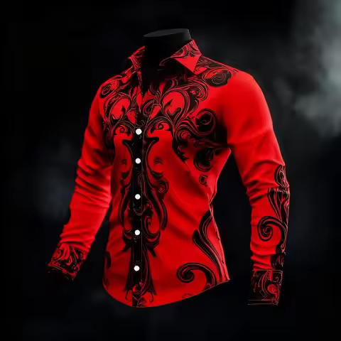 New men's casual long-sleeved button-down shirt - 3D printed, fashionable, loose-fitting, comfortabl