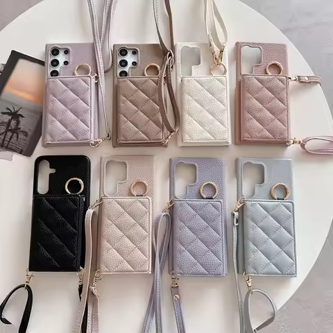 Leather Shoulder Strap Case For Samsung Galaxy S25 S24 S23 Ultra S22 Z Flip 7 6 5 4 3 5G Card Slot W