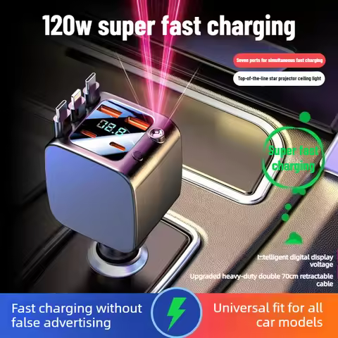 Extendable Cable Car Cigarette Lighter Charger Digital Display Triple Port Fast Charger Fit For IOS