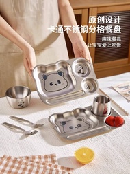 HOT- [Real photo] 304 Stainless steel children's plates, bright plates with compartments, cartoon fa