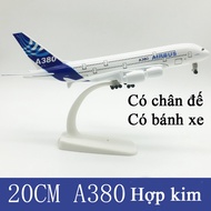 20cm long alloy Airbus A380 aircraft model with stand and wheels
