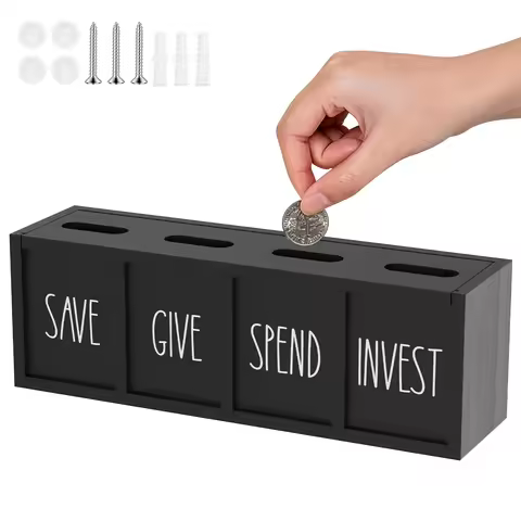 3/4 Grids Wooden Give Save Spend Invest Daily Cash Bill Money Box Wall Mount Kid Penny Piggy Bank
