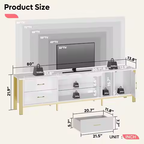 TV Stand Fits 75/80/85 Inch TVs, LED Gaming Media Entertainment Console with Open Glass Storage Shel