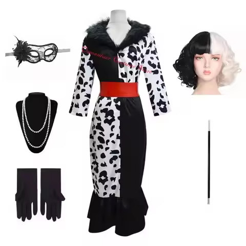 ABC123Women Cosplay Adult Cruella De Vil Mask Necklace Costume Deville Dress Wig Halloween Costumeb;
