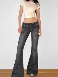 Vintage Y2K Flare Jeans Low Rise Casual Denim Pants Harajuku Style Womens Zipper Fit Stretchy Autumn