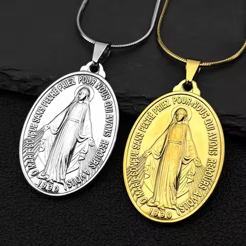 Catholic French Virgin Mary Pendant Necklace for Women Men Stainless Steel Gold Color 1830 Our Lady 