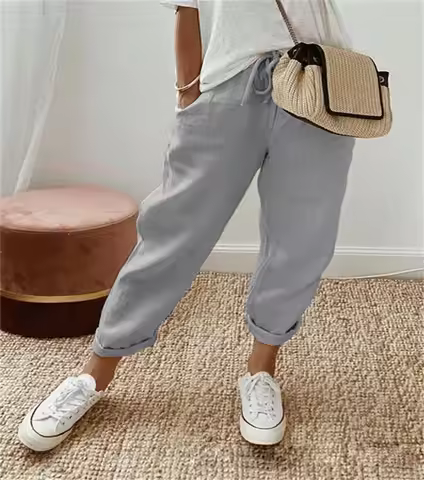 AliExpress's New Fashionable Cotton and Linen Elastic Waist Cropped Casual Pants for Women