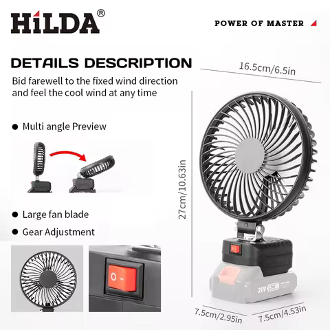 HILDA Black Portable Electric Fan 90° Adjustment Quiet Strong Wind Large Fan Blade Outdoor Fan for M