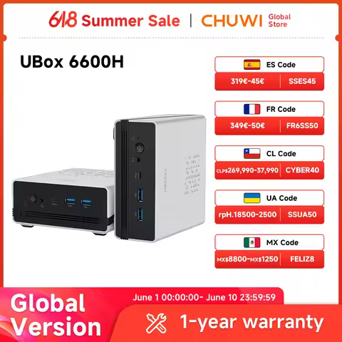 CHUWI UBox Mini PC AMD R5 16GB DDR5 512GB 6600H 6 Core 12 Thread Computer PCIe 4.0 SSD WiFi 6 BT5.2 