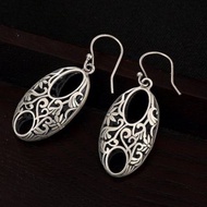 S999 Fine Silver Women Retro Ethnic Oval Dangle Earrings Palace Designer Jewelry