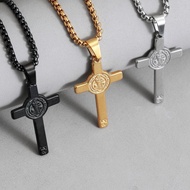 St. Benedict Cross Pendant Necklace | Gold Stainless Steel Catholic Exorcism Religious Faith Chain A