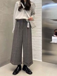 韓國🇰🇷東大門milui設計師品牌羊毛🐑質感百搭寬筒造型老奶奶👵🏻格子格紋復古保暖西裝褲寬褲闊腿褲長褲出清特價