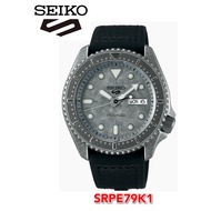 Seiko 5 Sports Superman SRPE79K1 Vintage Automatic 100M Silvery Grey Dial Black Calfskin Topped Silicone Strap .