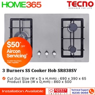 Tecno 3 Burners Stainless Steel Cooker Hob SR838SV - LPG/PUB - FREE INSTALLATION