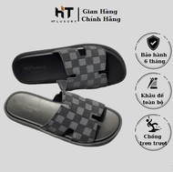 Dép Da Nam Quai Ngang Thiết Kế Chữ H Kẻ Cano Xanh Than Nhà H&T Dép Nam Chất Liệu Da Cao Cấp .