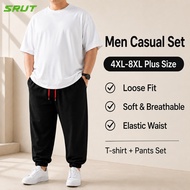 SRUT【4-8XL】Oversized Set of Loose Breathable Pure Cotton T-shirt+ankle Pants for Daily Casual Wear