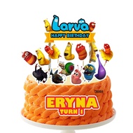 [CUSTOM NAME] Happy Birthday Cake Topper Larva Decoration Set Party Accessories Banner Hiasan Kek De