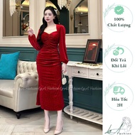 Fishtail Bodycon Dress with Fluffy Sleeves Made of Stone Pressed Velvet, Office Party Style, Size 40