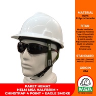 Complete Package of MSA Halfbrim Helmet + MSA Chinstrap + Safety Glasses SMOKE Lens