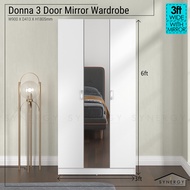 Synergy House Donna 3 Door Wardrobe Groove with Mirror - 5.9ft - Almari Baju Cermin