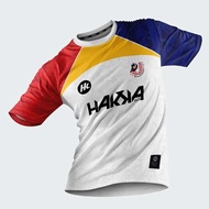 Malaysia Hakka Club Jersey, Red-White-Blue Color Block Short Sleeve, Full-Print Totem Quick-Dry Spor