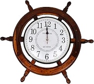 MAHAK NISAR Timber 12" inche Wooden Ship Wheel Clock, Nautical Premium Vintage Wooden Ship Wheel Wall Clock Handcrafted Wooden Wall Decor by Shine Global