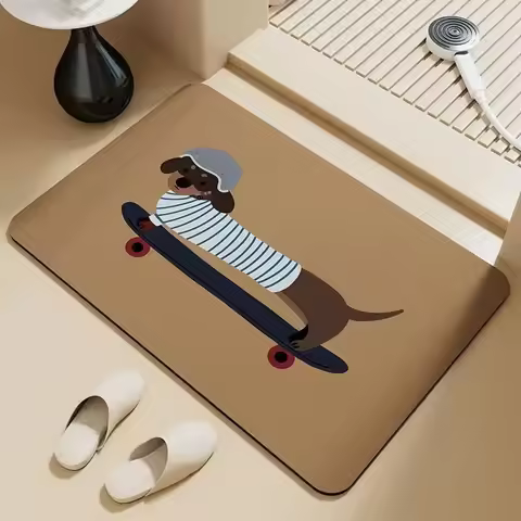 Skater Dachshund Door Mat Small Carpet Cartoon Dog Design with Skateboard Element Anti-slip Rug for 