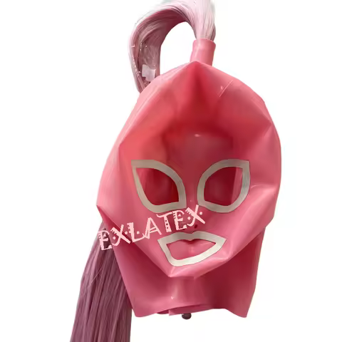 Latex Hood Women Latex Fetish Mask sm Mask Full Cover Pink and White Trim with Ponytail Wig Deadpool