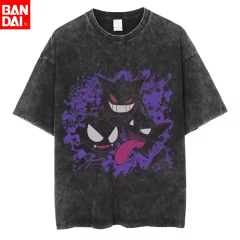 Pokemon Gastly Haunter Gengar Graveyard Print T Shirt Men 2026 Summer Vintage Acid Wash Oversized Te