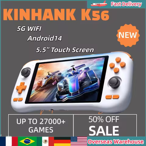 KINHANK K56 Handheld Game Console 5.5'' Touch Screen 50 Emulators for PS1/PSP/DC/SS Android14 5000mA