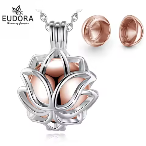EUDORA Urn Cremation Pendant 14mm Lotus Blossom Cage Locket Ash Holder Keepsake Capsule Necklace Hol